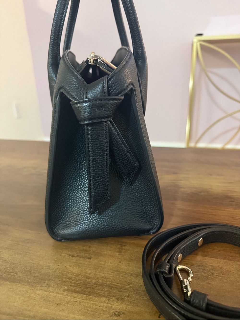 Kate Spade Medium Knot Black Pebbled Leather Top-Handle Satchel with Strap - Picture 3 of 6